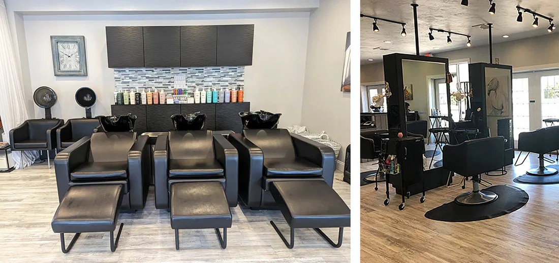 Inside Blue Salon and Spa: shampoo chairs, styling stations and mirrors
