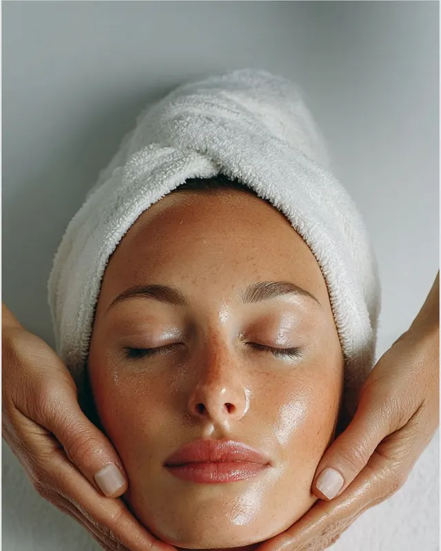 Woman with a towel wrapped hair enjoying a facial massage
